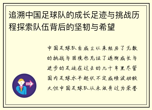 追溯中国足球队的成长足迹与挑战历程探索队伍背后的坚韧与希望