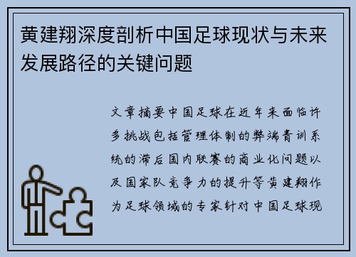 黄建翔深度剖析中国足球现状与未来发展路径的关键问题