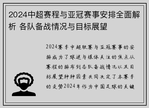 2024中超赛程与亚冠赛事安排全面解析 各队备战情况与目标展望