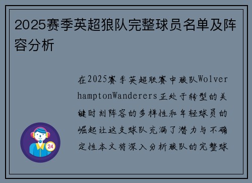 2025赛季英超狼队完整球员名单及阵容分析